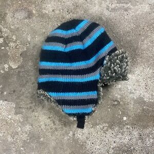 Vintage Y2K Knit Trapper Hat Blue Faux Fur Ear Flap Chin Strap Closure